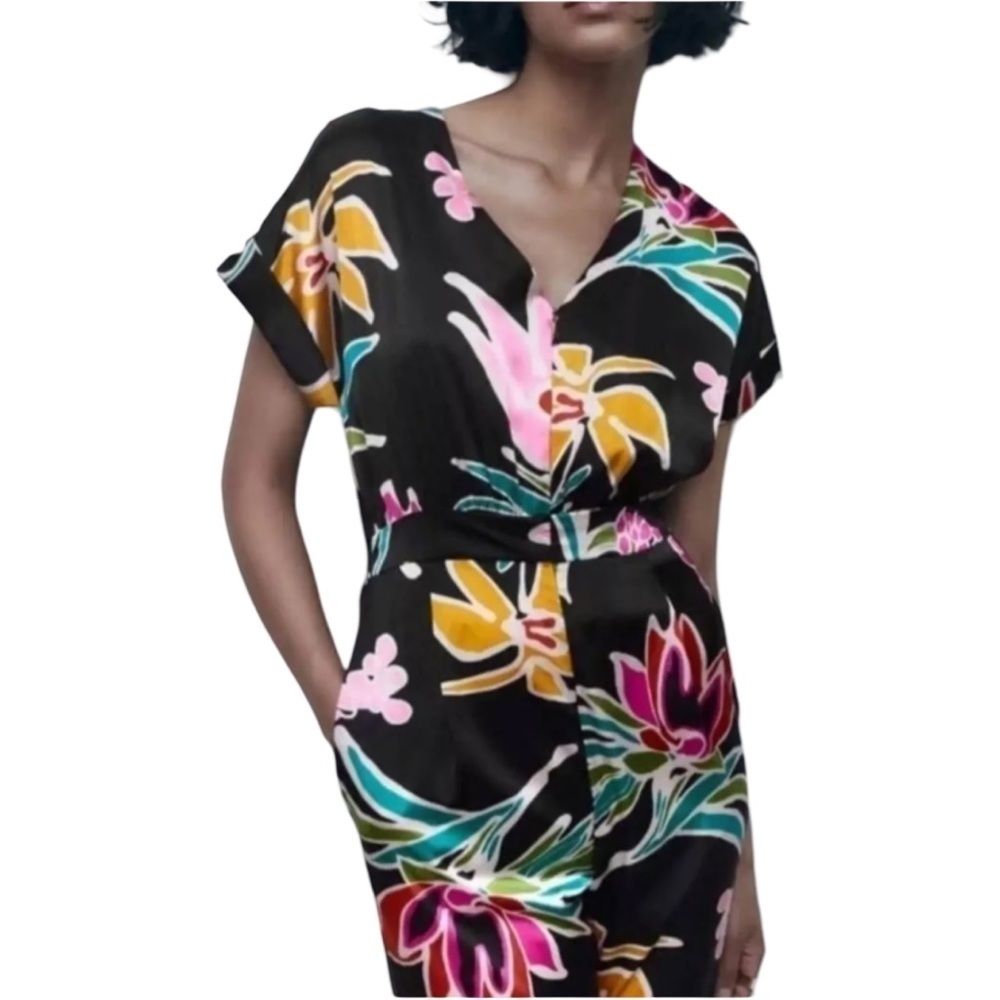 Zara Black Floral Print Satin Jumpsuit Women’s Large - Picture 3 of 16